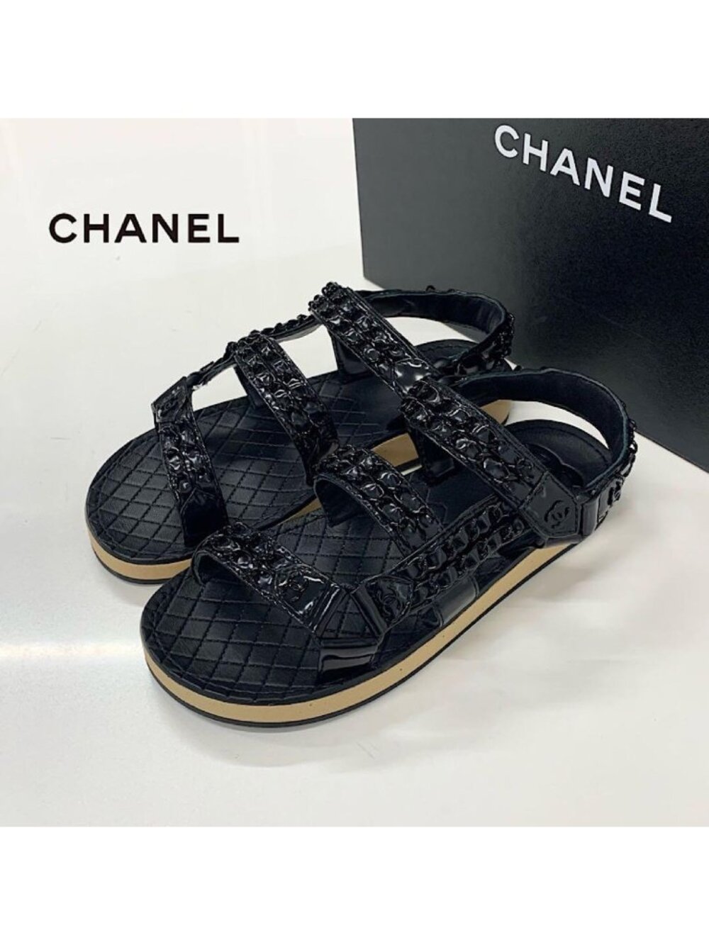 Chanel CC Logo Leather Chain Velcro Sandals Black